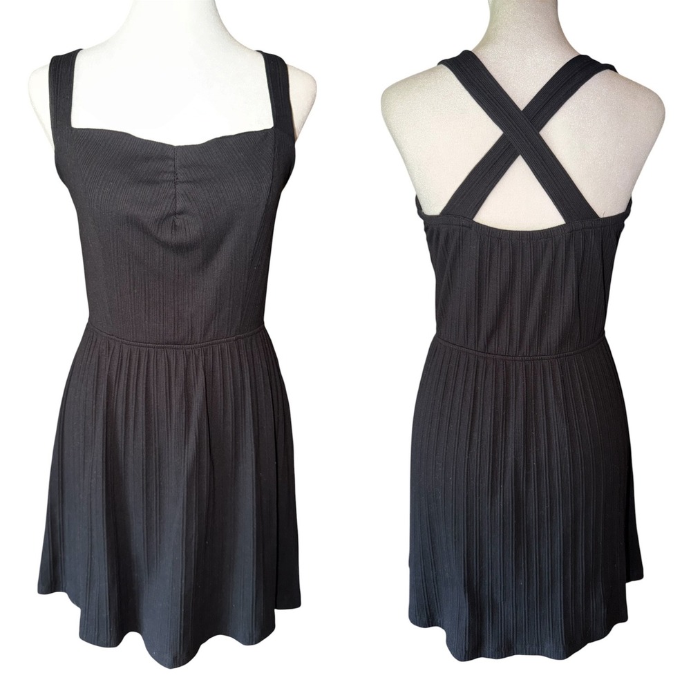 Kendall & Kylie Black Ribbed Skater Mini Dress Crossback Whimsigoth XS